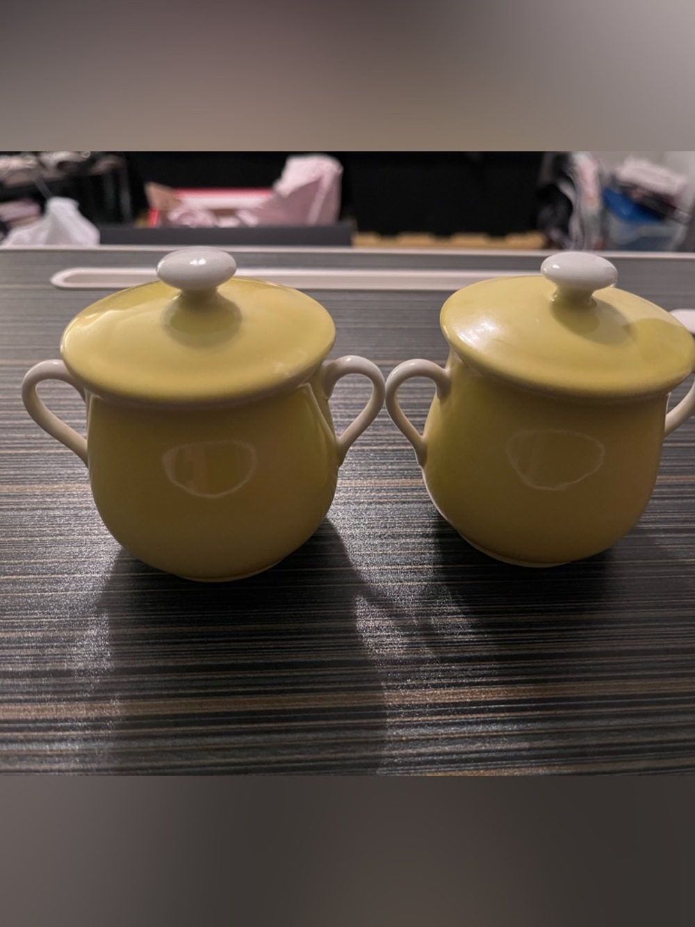 Fitz and Floyd Yellow Ceramic Custard Cups with lids
